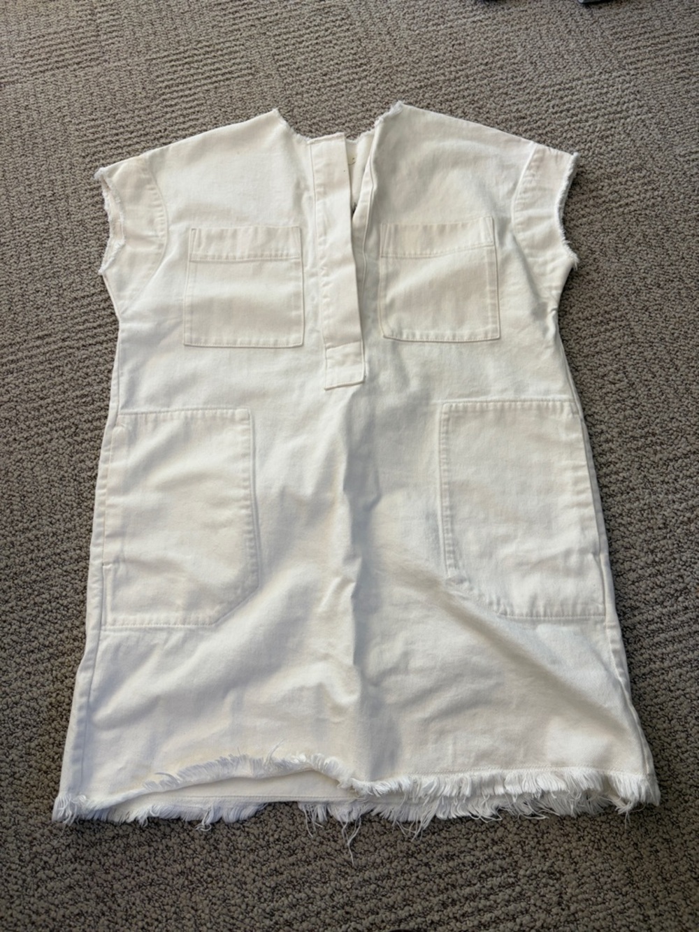 Everlane Off-White Frayed Hem Snap-Front Shift Dress